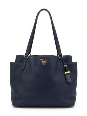 Prada Navy Pebbled Leather Tote with Gold-Tone Accents No Strap